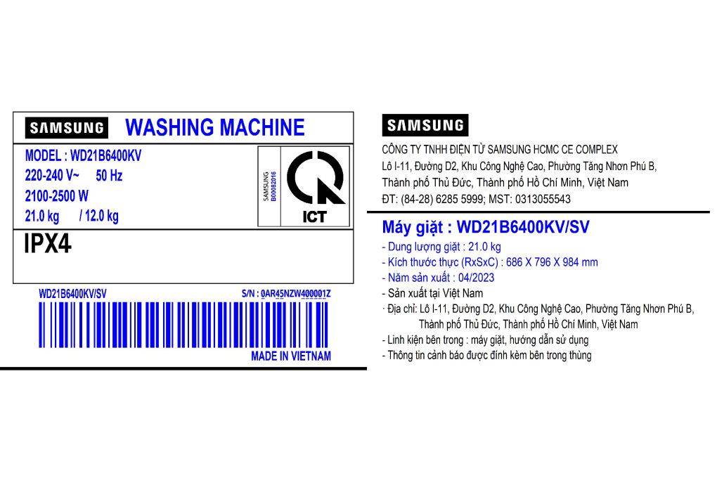 Máy giặt sấy Samsung Bespoke AI Inverter giặt 21 kg - sấy 12 kg WD21B6400KV/SV