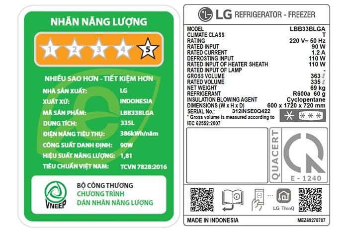 Tủ lạnh LG Inverter 335 lít LBB33BLGA