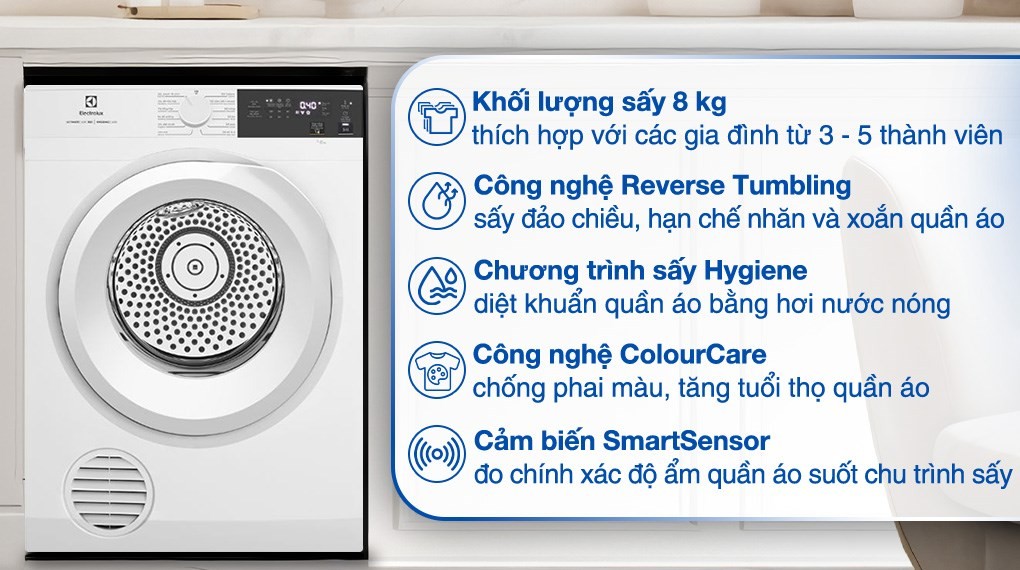 Máy sấy thông hơi Electrolux 8kg EDV804H3WC