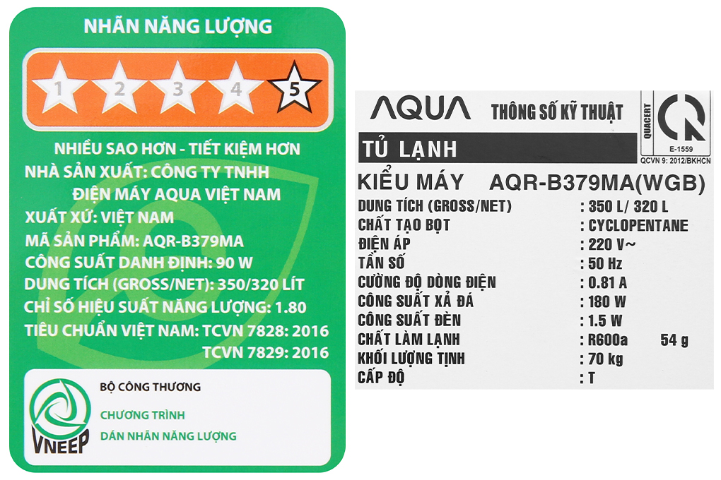 Tủ lạnh Aqua Inverter 320 lít AQR-B379MA(WGB)