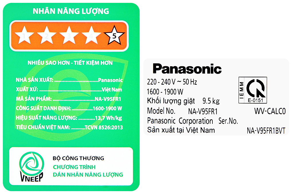 Máy giặt Panasonic Inverter giặt 9.5 kg - sấy tiện ích 2 kg NA-V95FR1BVT