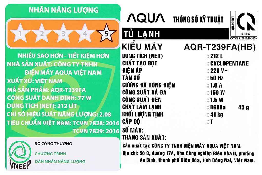 Tủ lạnh Aqua Inverter 212 lít AQR-T239FA(HB)