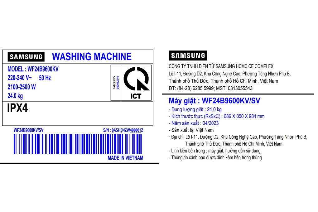 Máy giặt Samsung Bespoke AI Inverter 24 kg WF24B9600KV/SV