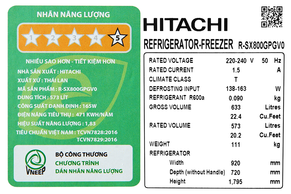 Tủ lạnh Hitachi Inverter 573 lít Side By Side R-SX800GPGV0 GBK