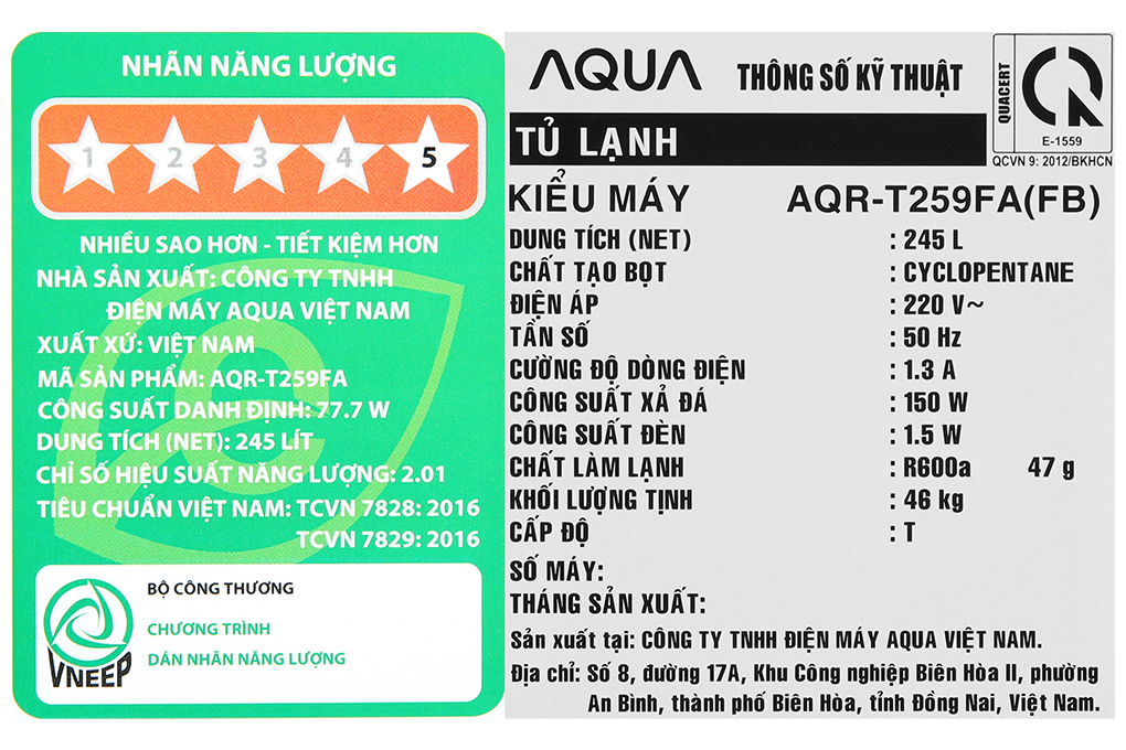 Tủ lạnh Aqua Inverter 245 lít AQR-T259FA(FB)