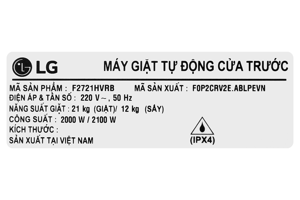 Máy giặt sấy LG AI DD Inverter giặt 21 kg - sấy 12 kg F2721HVRB