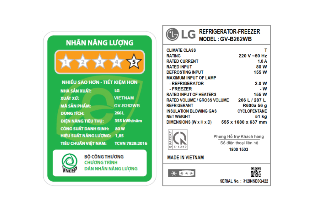 Tủ lạnh LG Inverter 266 Lít GV-B262WB