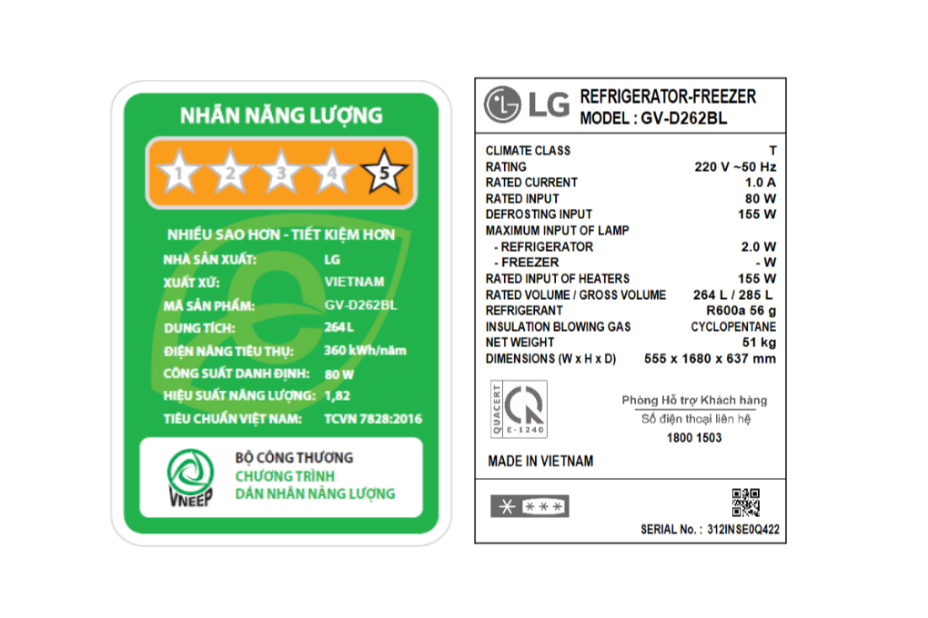 Tủ lạnh LG Inverter 264 Lít GV-D262BL