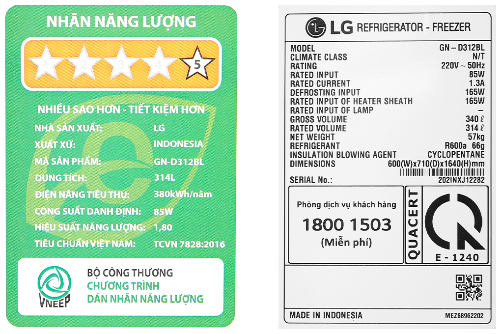 Tủ lạnh LG Inverter 314 Lít GN-D312BL