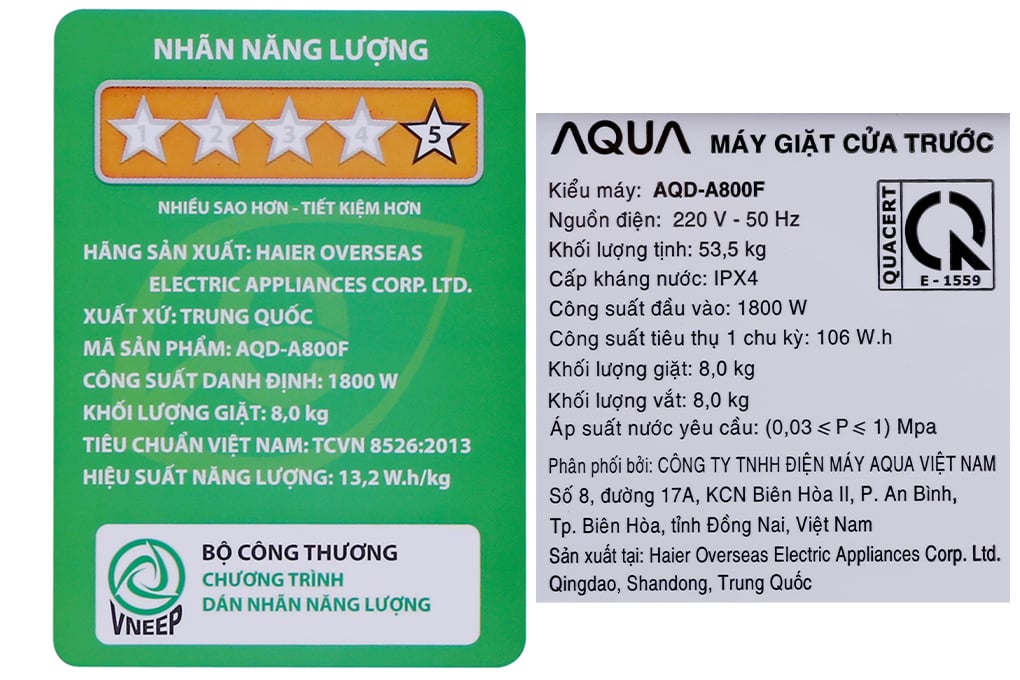 Máy giặt Aqua Inverter 8 KG AQD-A800F W