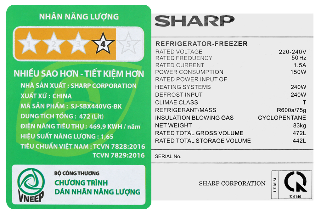 Tủ lạnh Sharp Inverter 442 lít Side By Side SJ-SBX440VG-BK