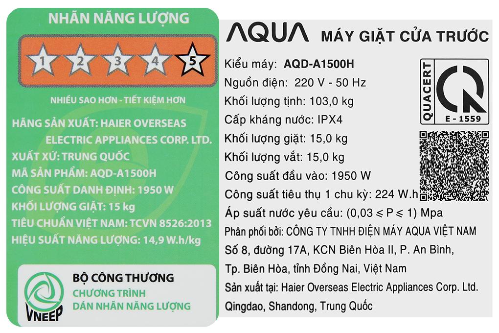 Máy giặt Aqua Inverter 15 kg AQD-A1500H PS