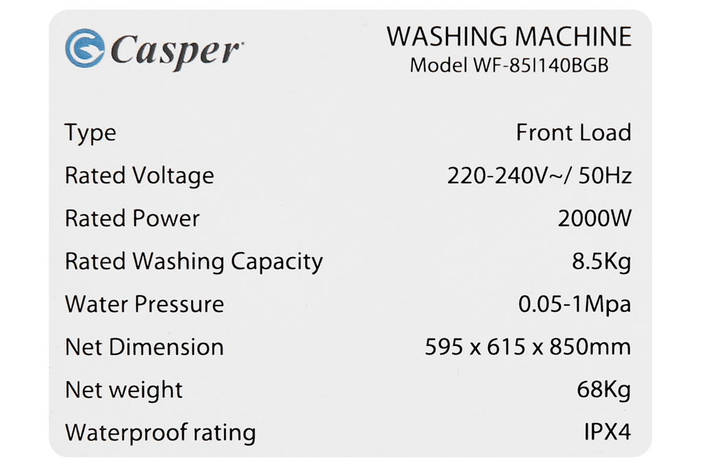 Máy giặt Casper Inverter 8.5 kg WF-85I140BGB