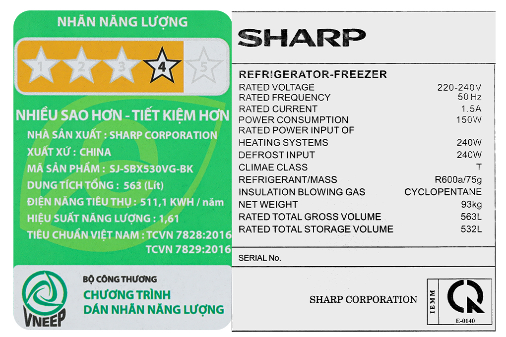 Tủ lạnh Sharp Inverter 532 lít Side By Side SJ-SBX530VG-BK