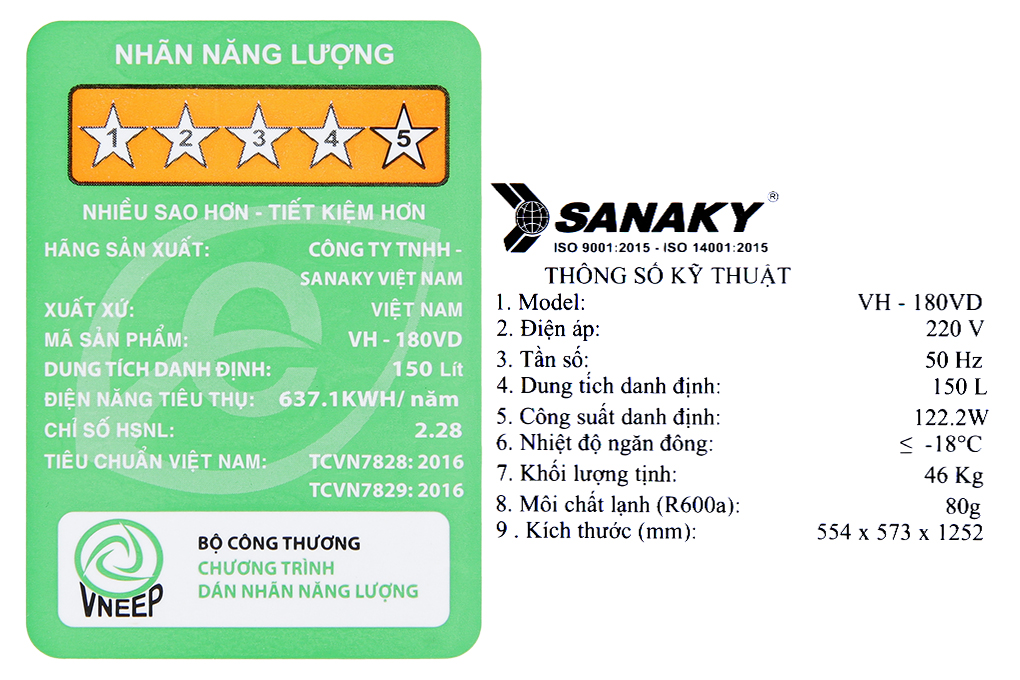 Tủ đông Sanaky 150 lít VH180VD