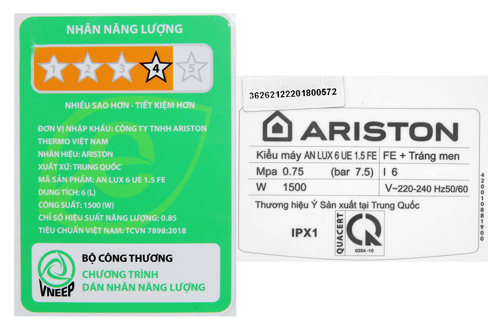 Máy nước nóng gián tiếp Ariston Mini 6 lít AN LUX 6 UE 1.5 FE