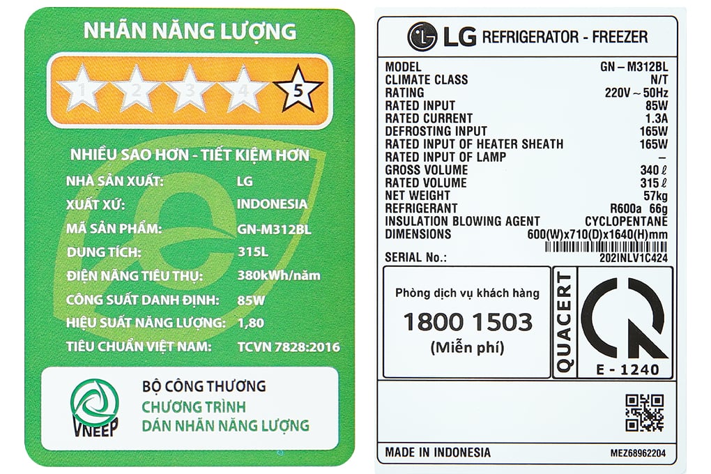 Tủ lạnh LG Inverter 315 Lít GN-M312BL