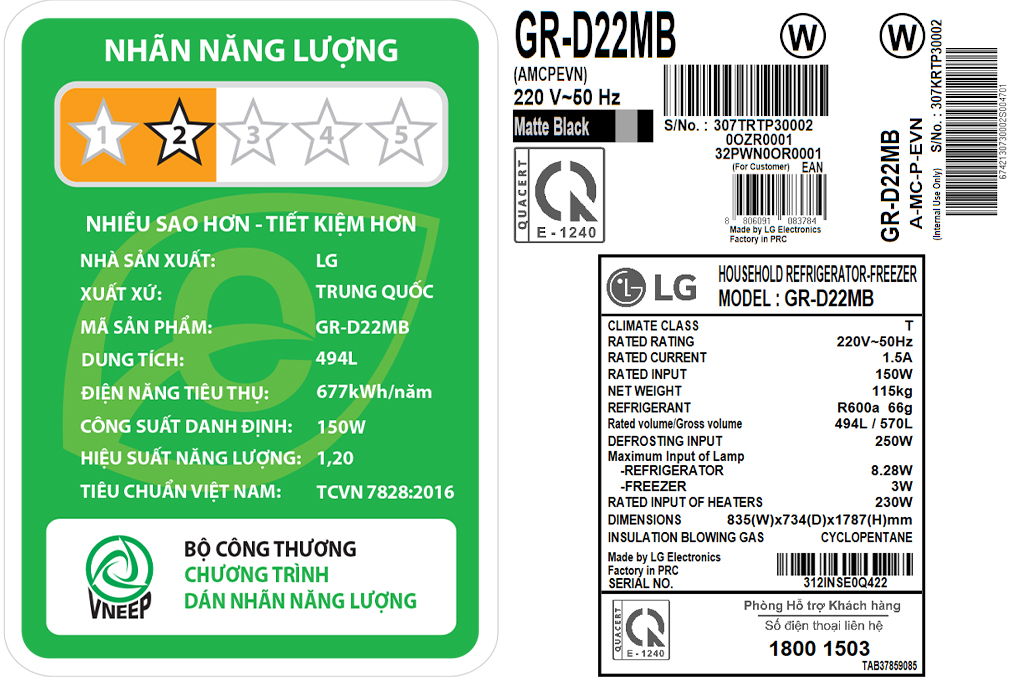 Tủ lạnh LG Inverter 494 lít Multi Door GR-D22MB